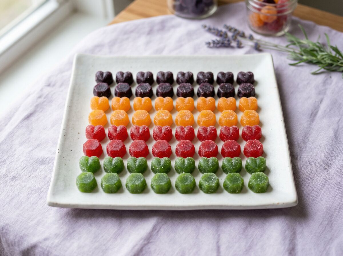 Colorful CBD gummies arranged on plate