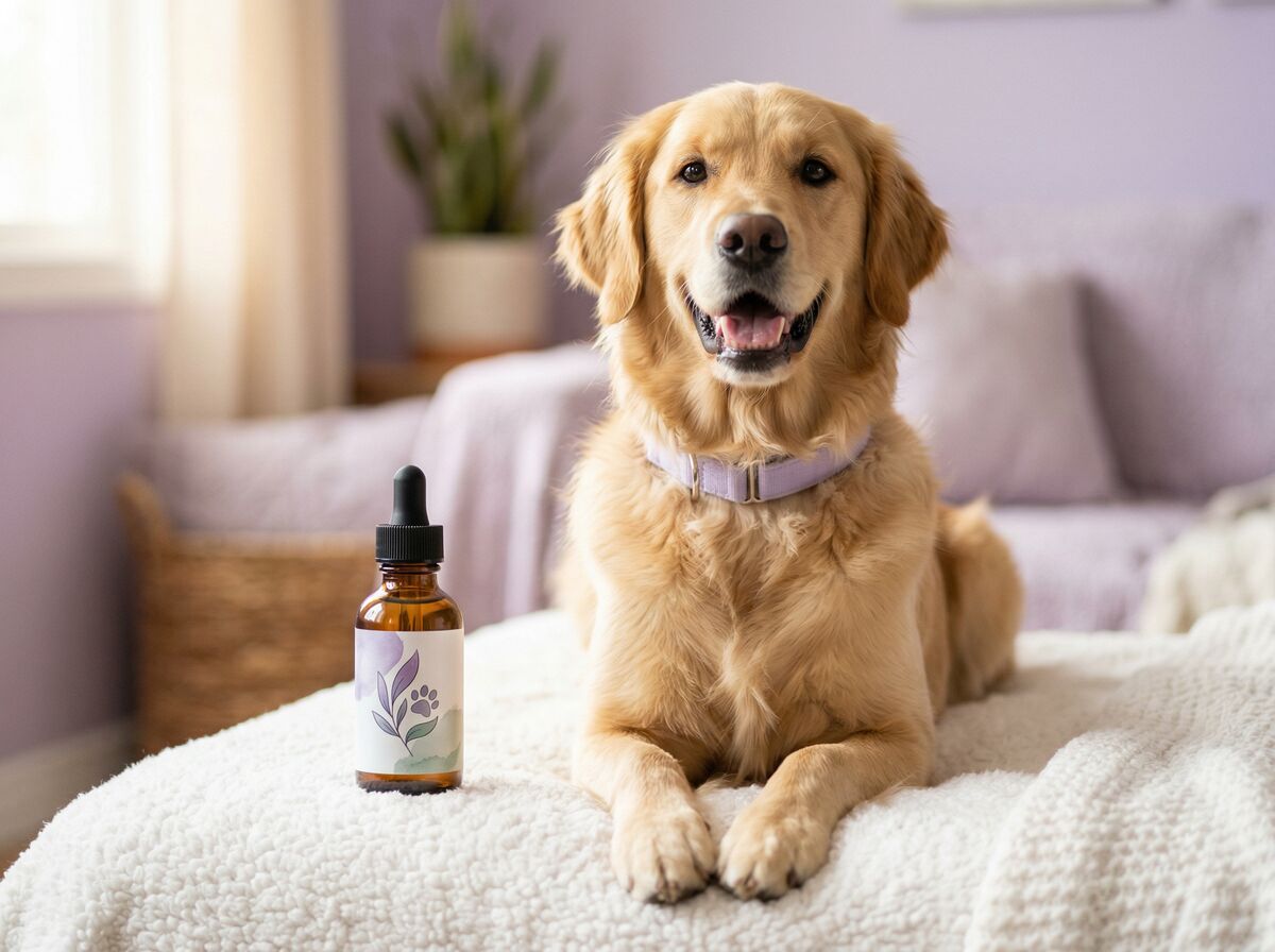 Happy dog with pet wellness product